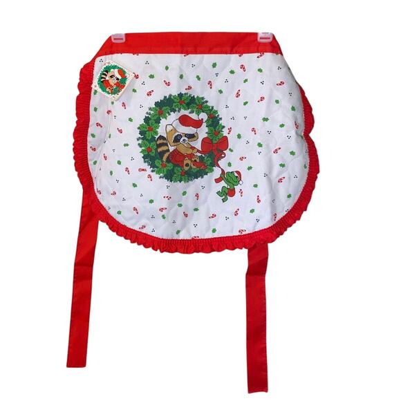 Vintage Christmas Half Apron Wreath Animal MCM Holiday Ruffle Hostess tie waist - Picture 1 of 11